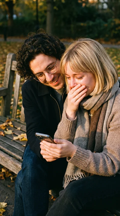 Una pareja en un banco del parque en otoño: ella lee en el teléfono de él, emocionada, con la mano en la boca